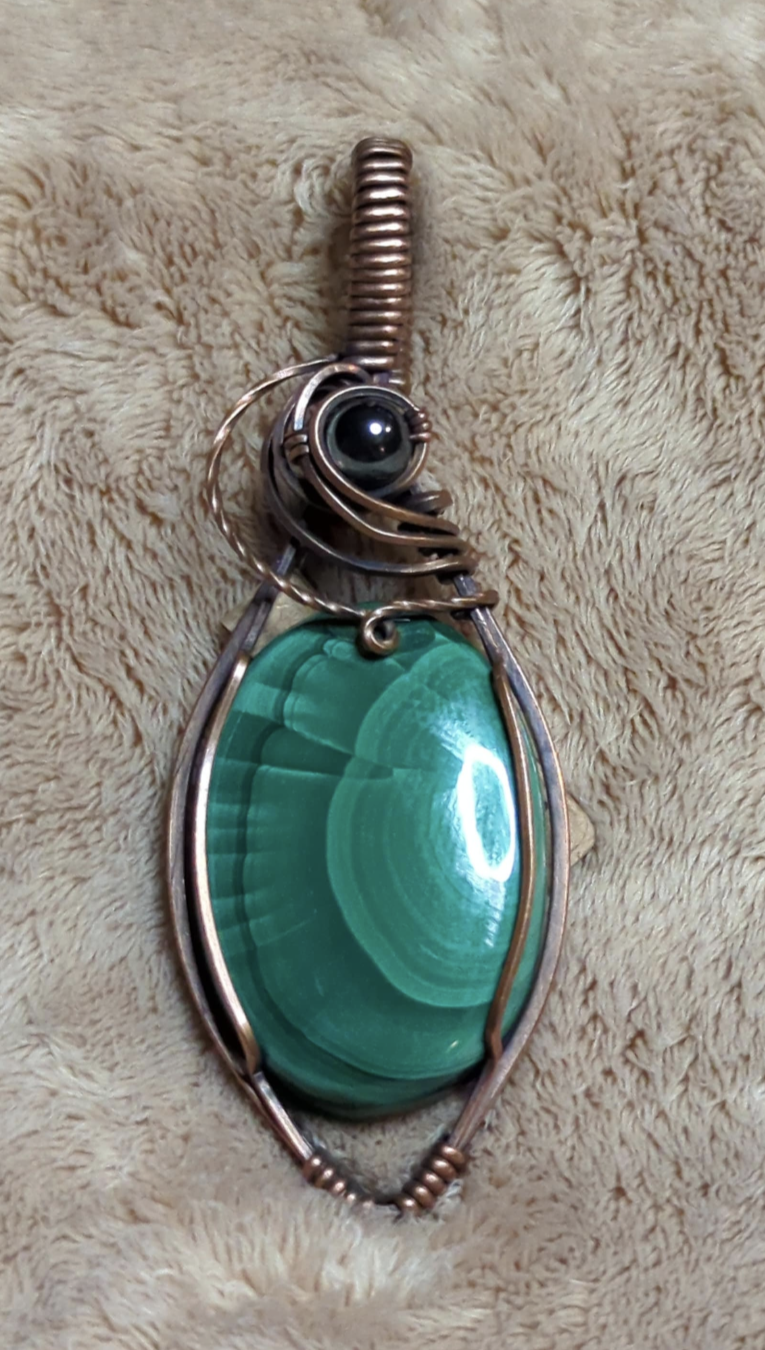 Malachite Gemstone Pendant, set in antiqued copper, accented with  Hematite