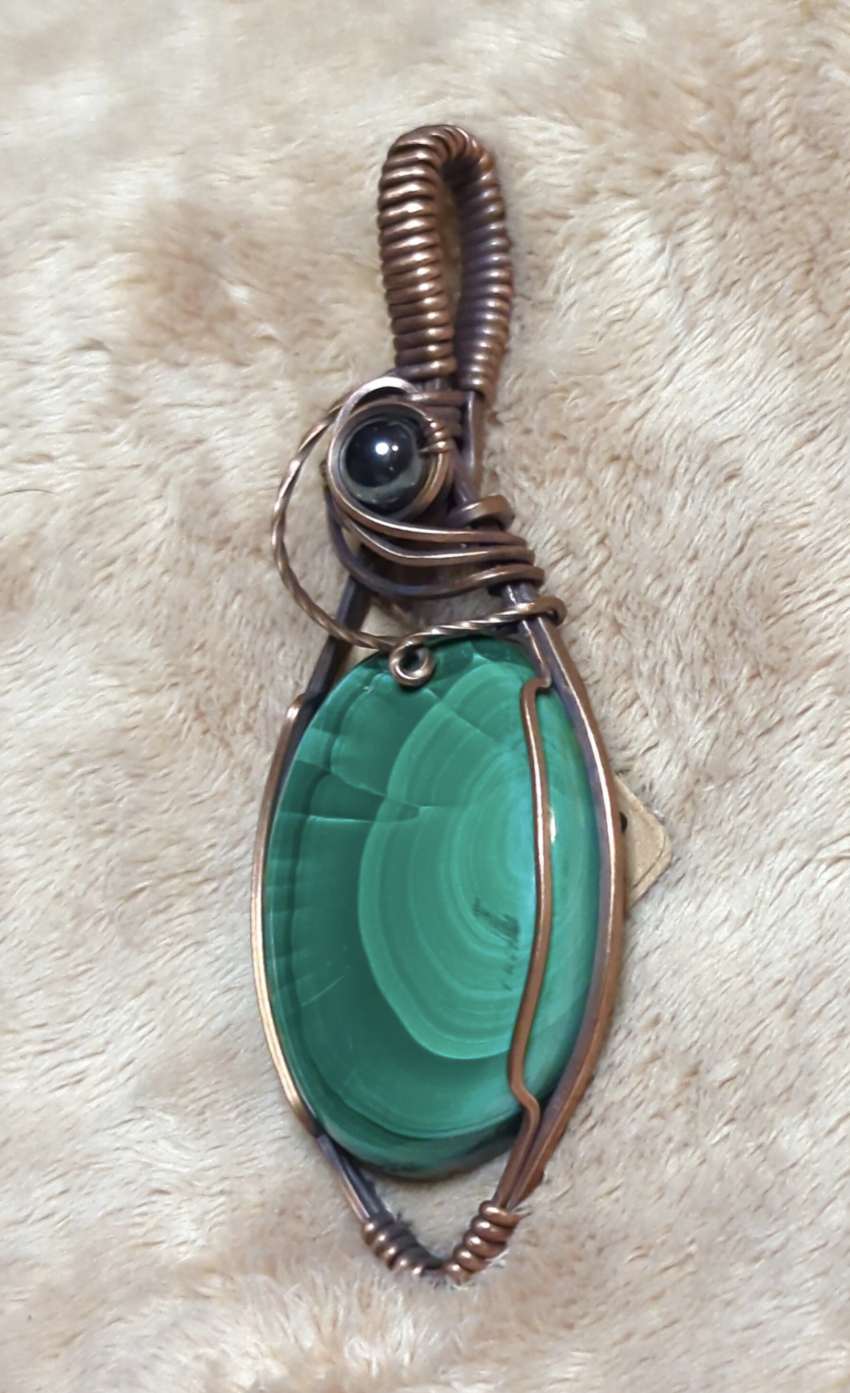 Malachite Gemstone Pendant, set in antiqued copper, accented with  Hematite