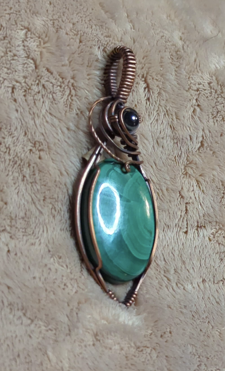 Malachite Gemstone Pendant, set in antiqued copper, accented with  Hematite