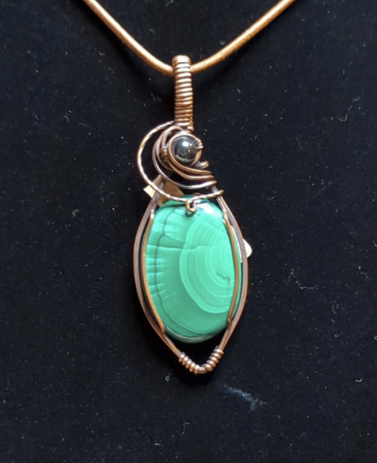 Malachite Gemstone Pendant, set in antiqued copper, accented with  Hematite