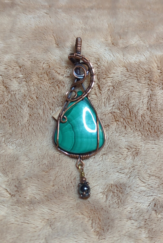 Malachite Gemstone Pendant, set in antiqued copper.