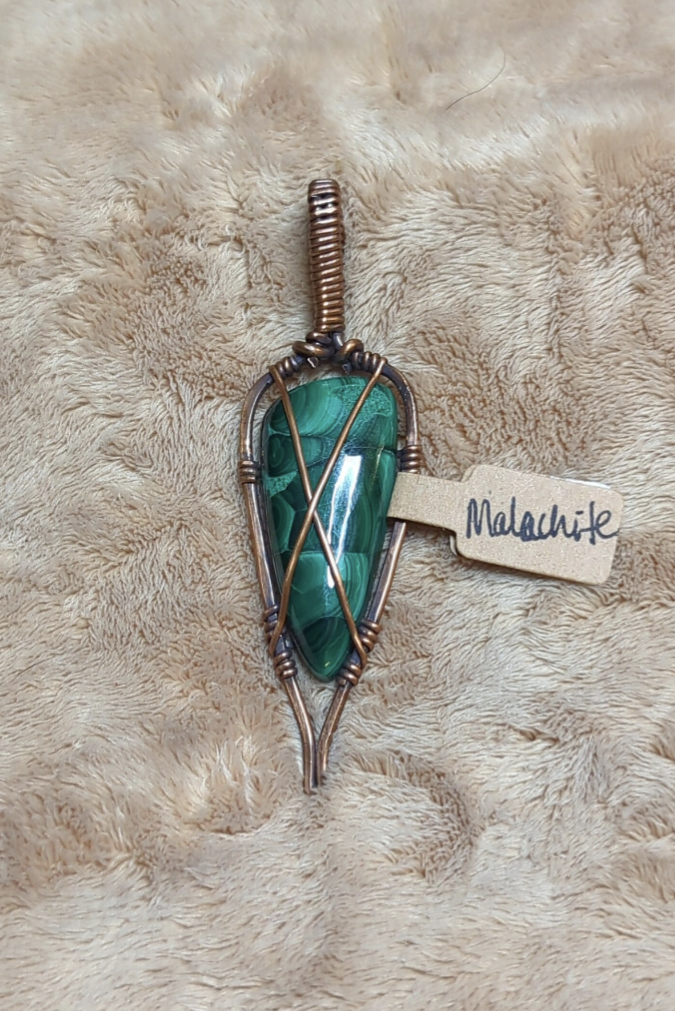 Malachite Pendant, set in hammered antiqued copper.