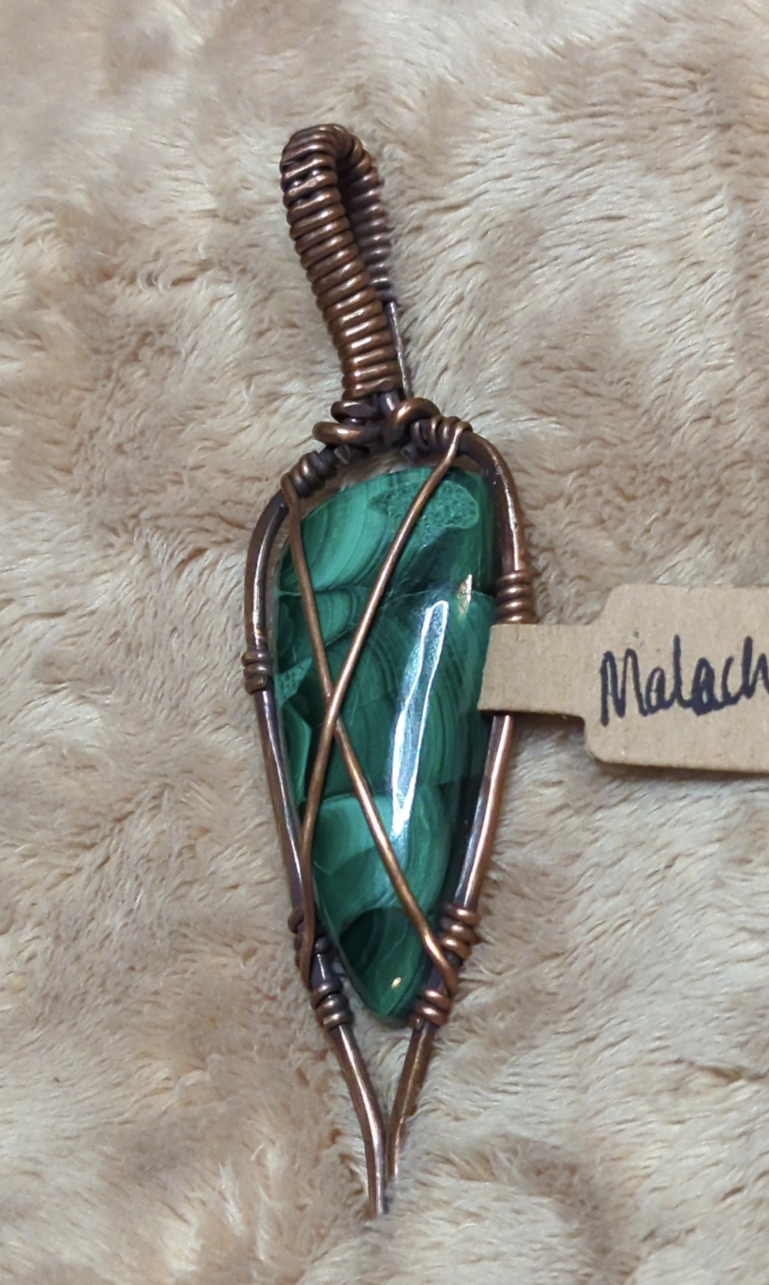 Malachite Pendant, set in hammered antiqued copper.