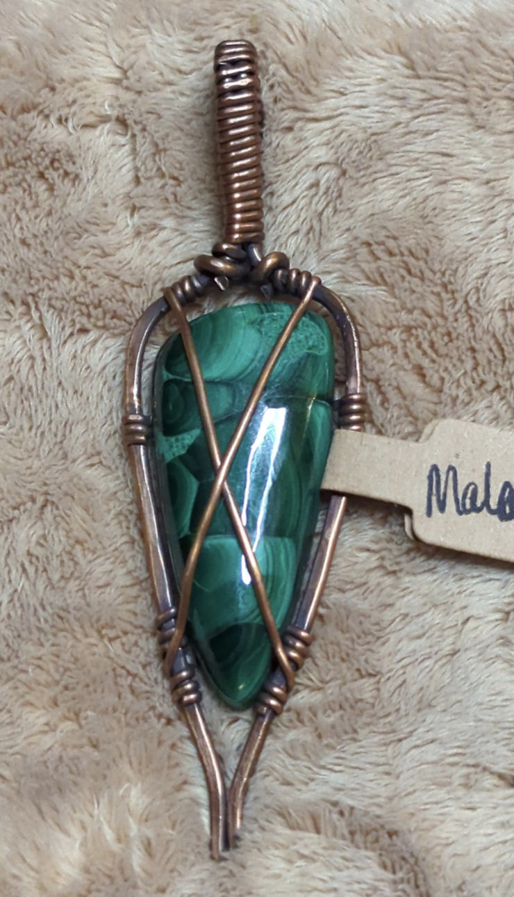 Malachite Pendant, set in hammered antiqued copper.