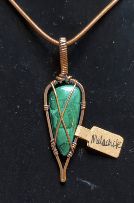 Malachite Pendant, set in hammered antiqued copper.