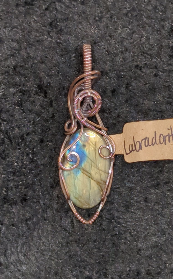 Labradorite gemstone pendant with gold flash, set in antiqued copper.