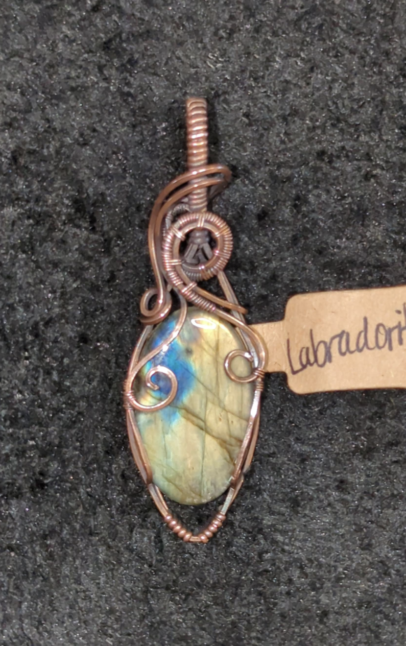 Labradorite gemstone pendant with gold flash, set in antiqued copper.