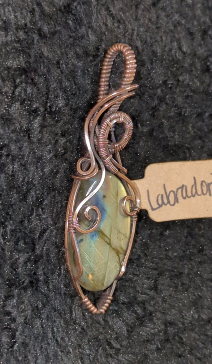 Labradorite gemstone pendant with gold flash, set in antiqued copper.