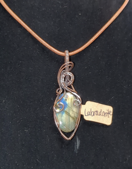 Labradorite gemstone pendant with gold flash, set in antiqued copper.