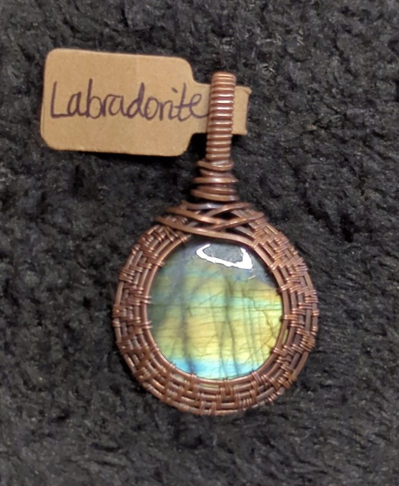 Labradorite gemstone pendant, with green and blue flash, set in antiqued copper.