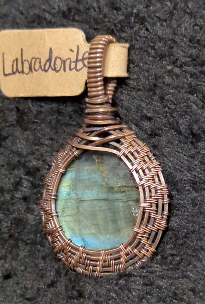 Labradorite gemstone pendant, with green and blue flash, set in antiqued copper.