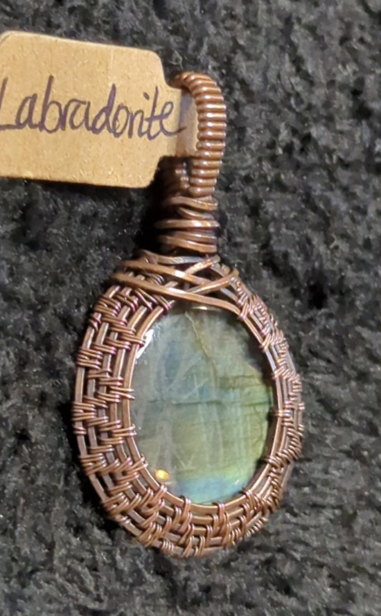 Labradorite gemstone pendant, with green and blue flash, set in antiqued copper.