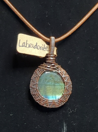 Labradorite gemstone pendant, with green and blue flash, set in antiqued copper.