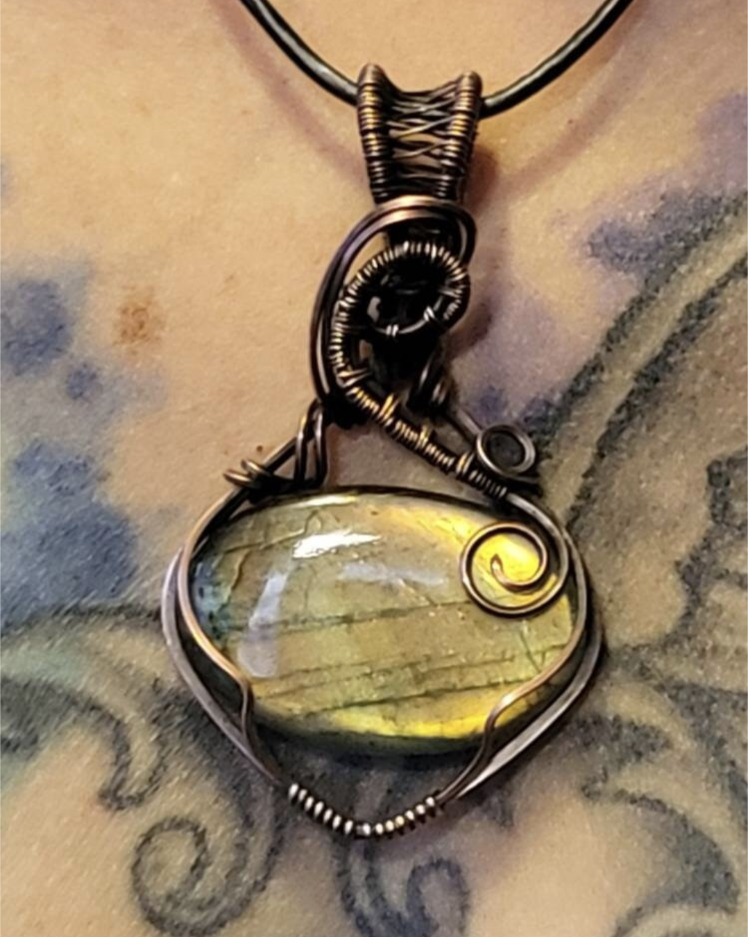 Labradorite with gold flash, set in antiqued copper