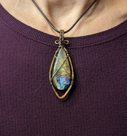 Labradorite gemstone pendant, set in hammered and antiqued copper.