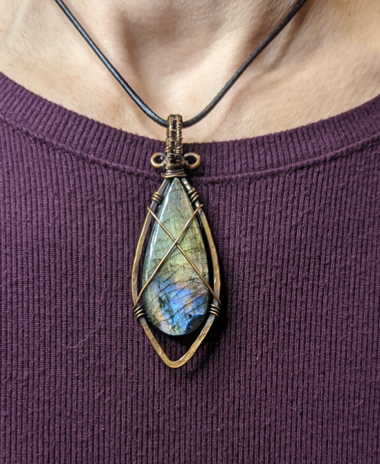 Labradorite gemstone pendant, set in hammered and antiqued copper.