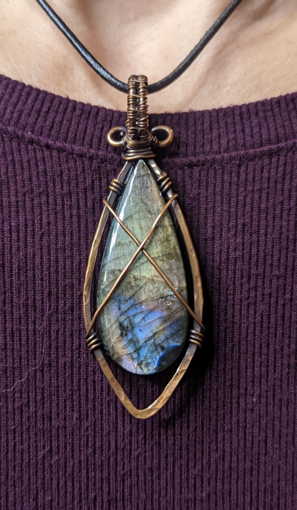 Labradorite gemstone pendant, set in hammered and antiqued copper.