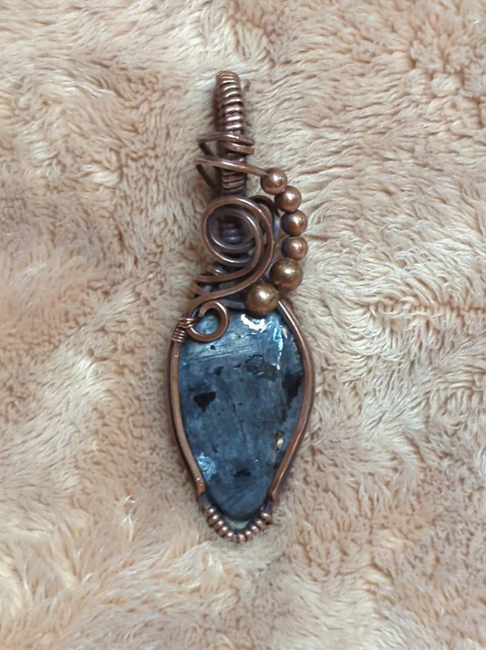 Larvakite gemstone pendant, also known as Black Moonstone, accented with copper beads, set in antiqued copper.