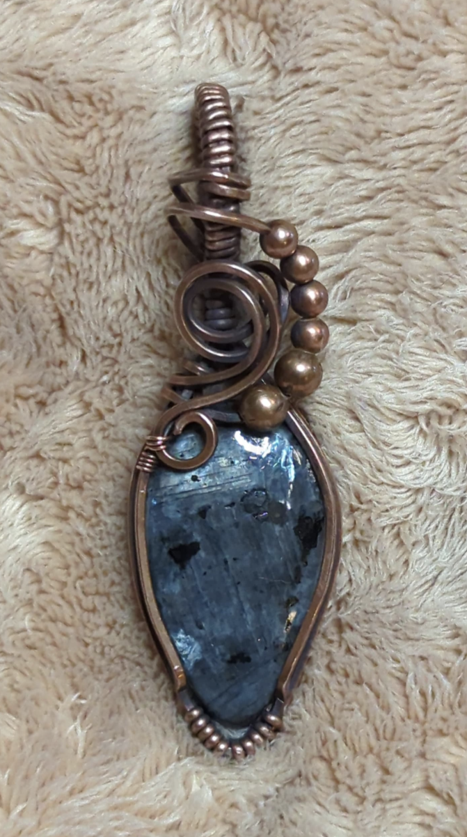 Larvakite gemstone pendant, also known as Black Moonstone, accented with copper beads, set in antiqued copper.