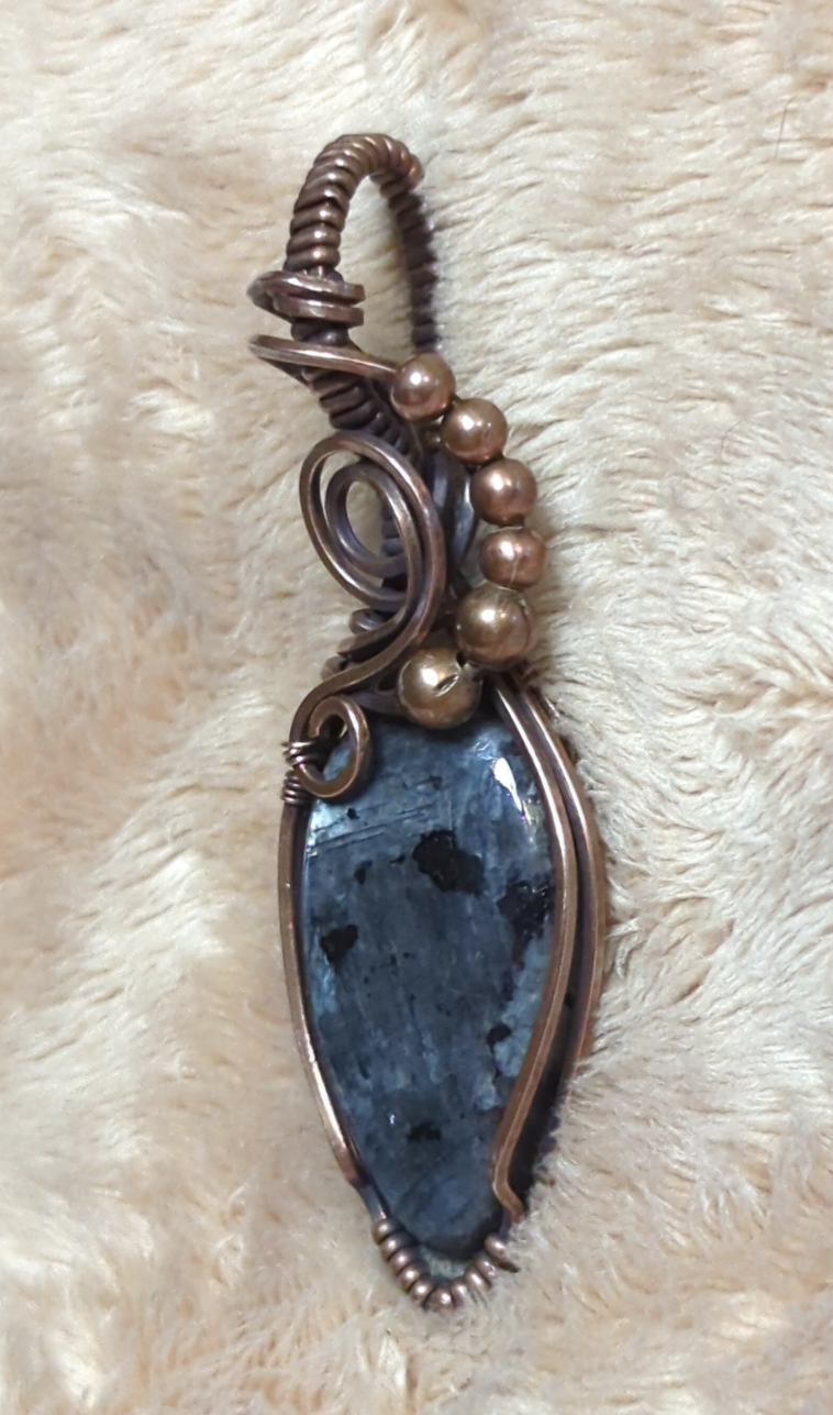 Larvakite gemstone pendant, also known as Black Moonstone, accented with copper beads, set in antiqued copper.