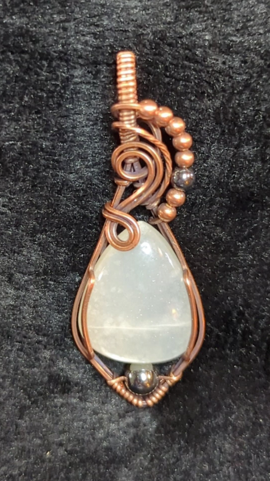 Moonstone gemstone pendant, with copper and hematite beads for accent, set in antiqued copper.