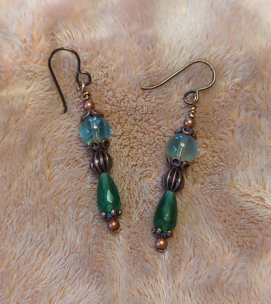 Fluorite earrings, with a decorative copper bead, and serpentine dropper beads,