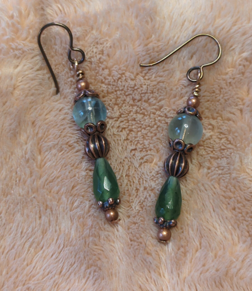 Fluorite earrings, with a decorative copper bead, and serpentine dropper beads,