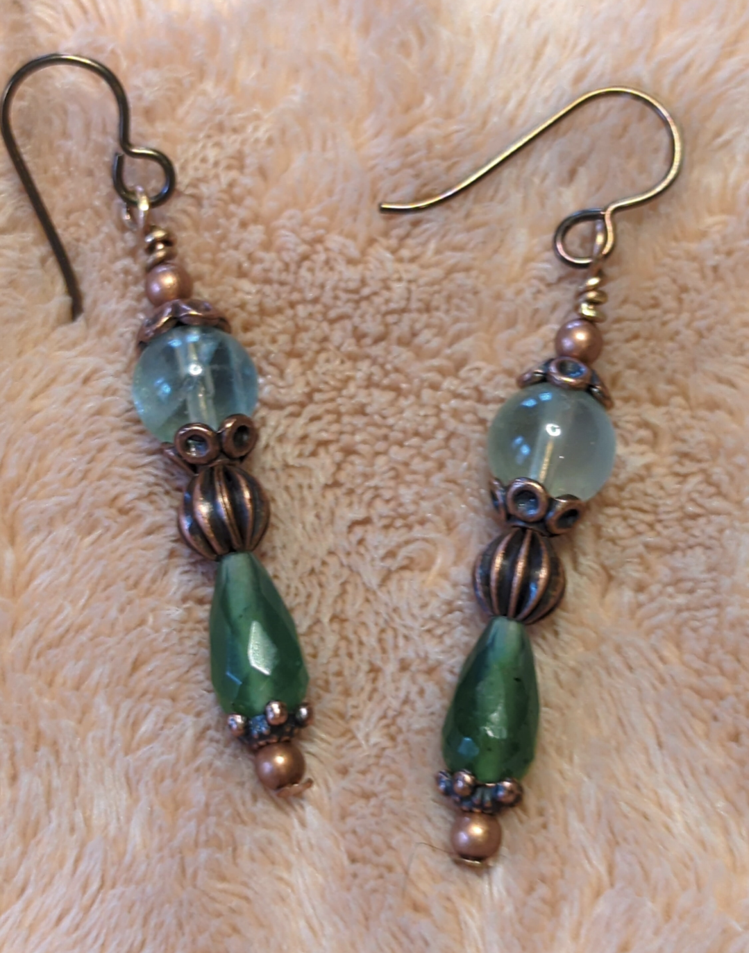 Fluorite earrings, with a decorative copper bead, and serpentine dropper beads,