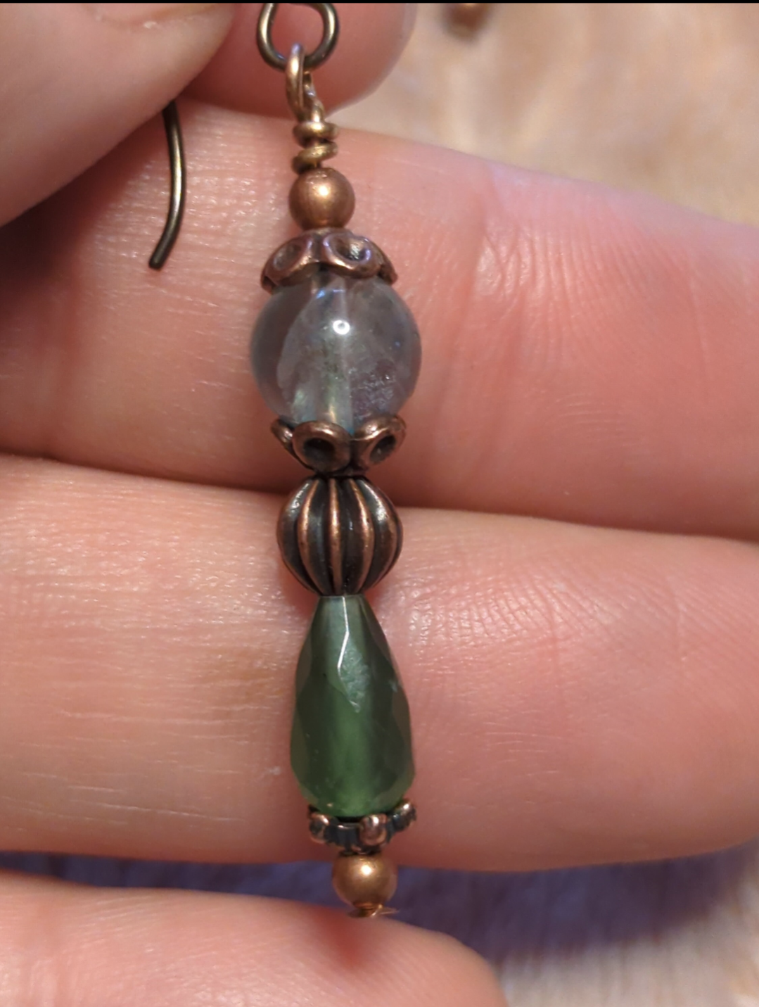 Fluorite earrings, with a decorative copper bead, and serpentine dropper beads,