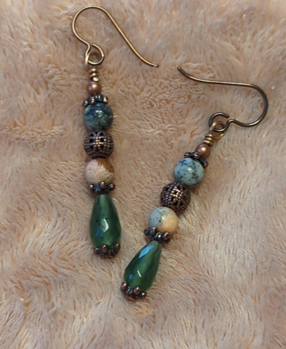 Jasper earrings, with a decorative copper bead, and serpentine dropper beads