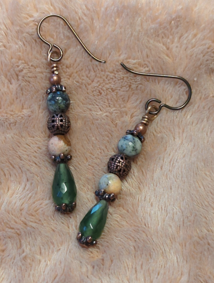 Jasper earrings, with a decorative copper bead, and serpentine dropper beads