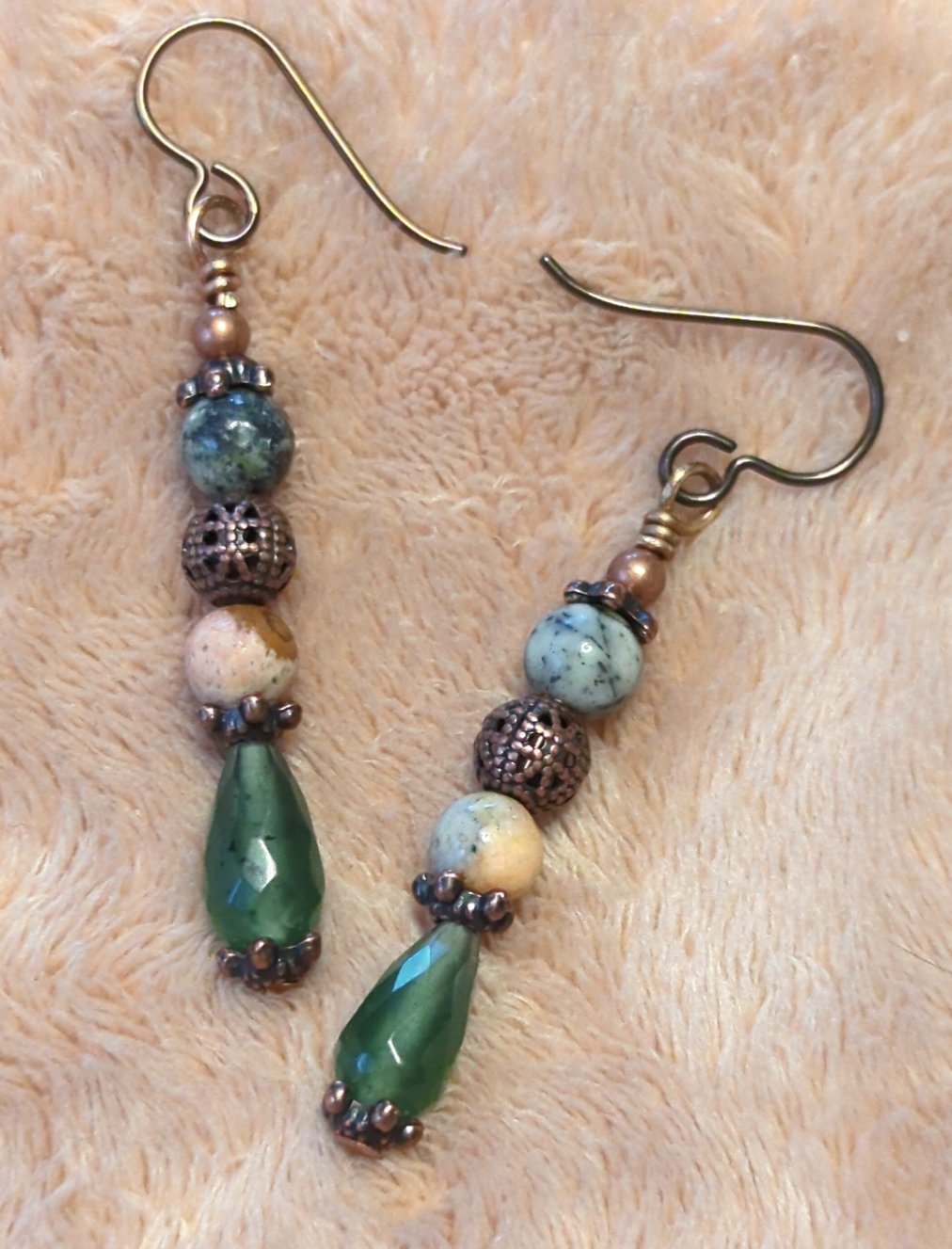 Jasper earrings, with a decorative copper bead, and serpentine dropper beads