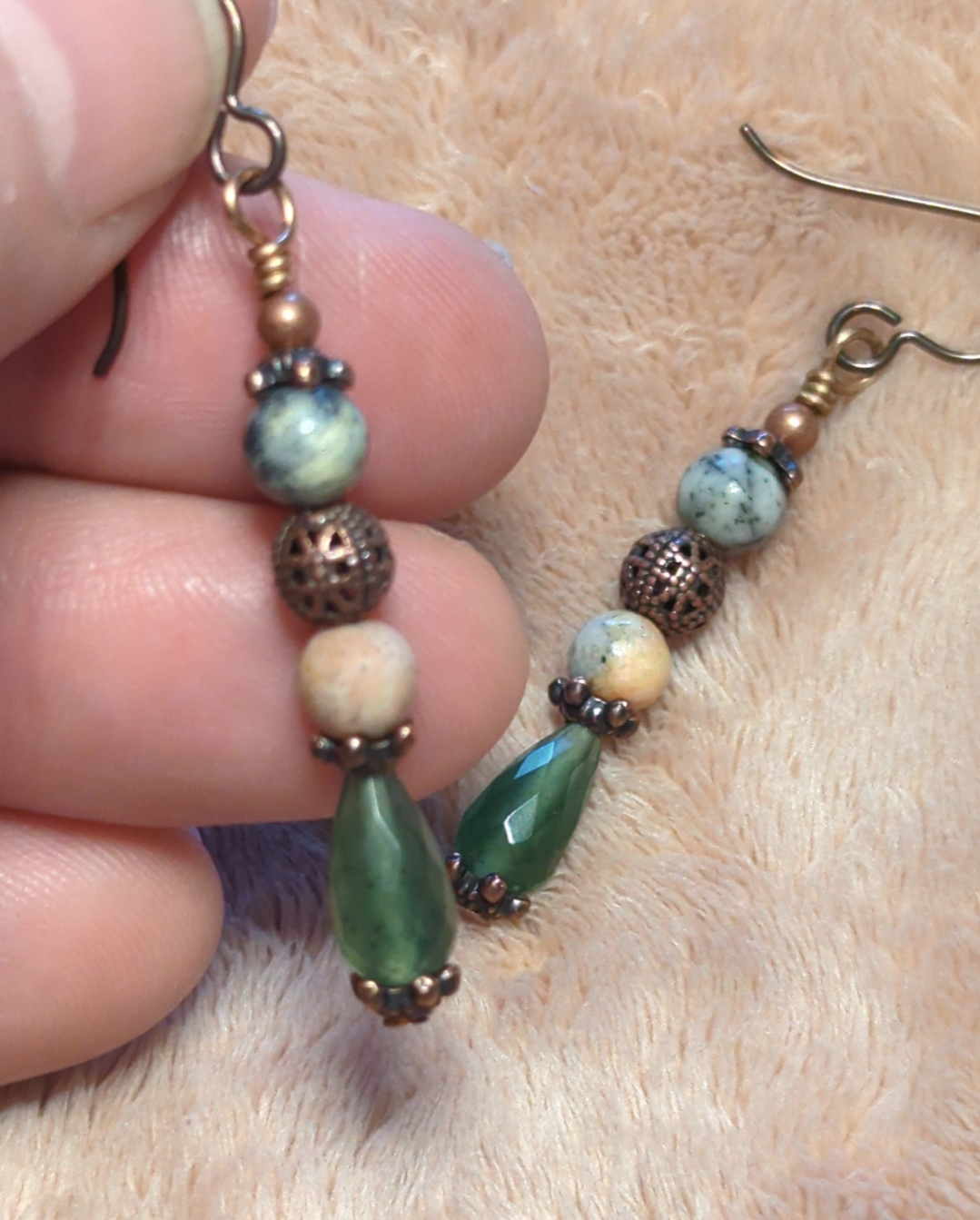 Jasper earrings, with a decorative copper bead, and serpentine dropper beads