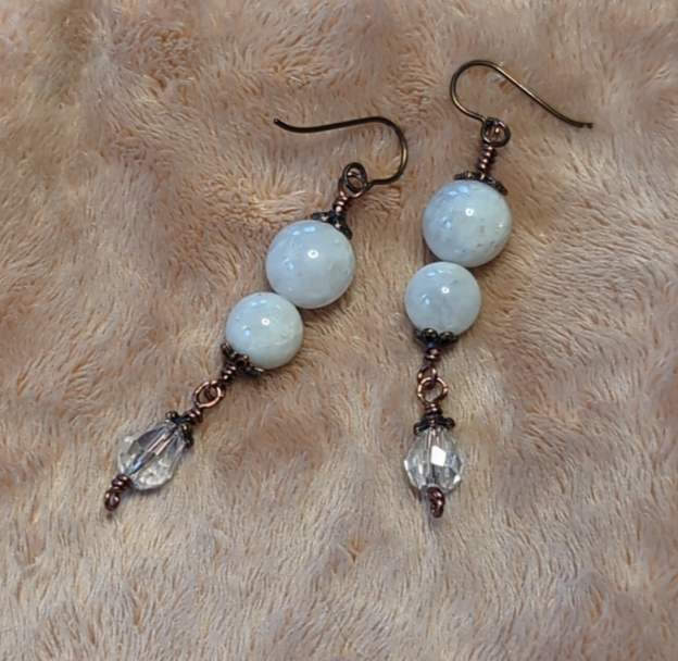 Moonstone earrings, with clear glass dropper beads