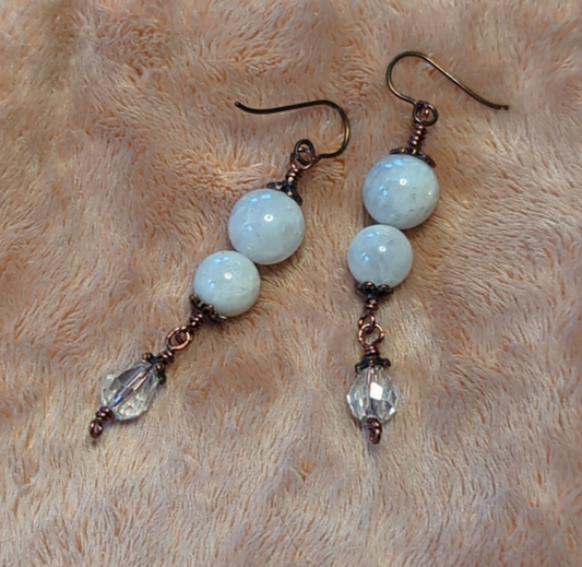 Moonstone earrings, with clear glass dropper beads