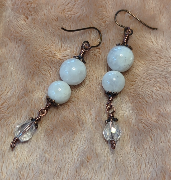 Moonstone earrings, with clear glass dropper beads