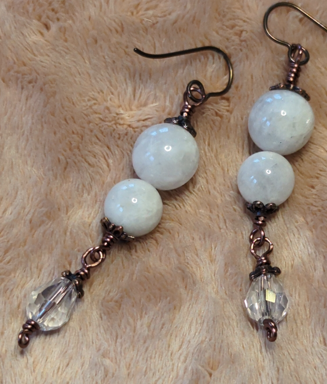 Moonstone earrings, with clear glass dropper beads