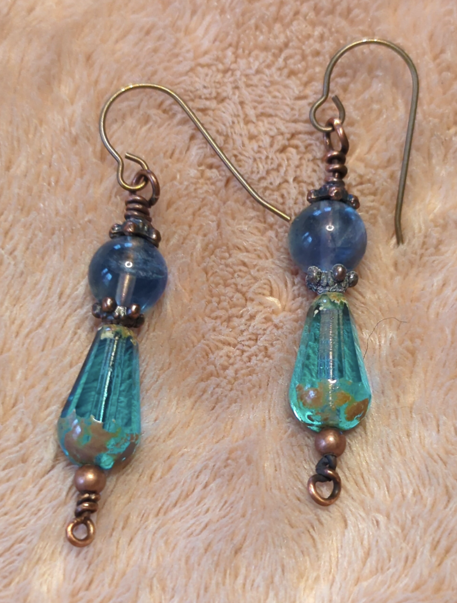 Fluorite Gemstone, with blue glass dropper bead.